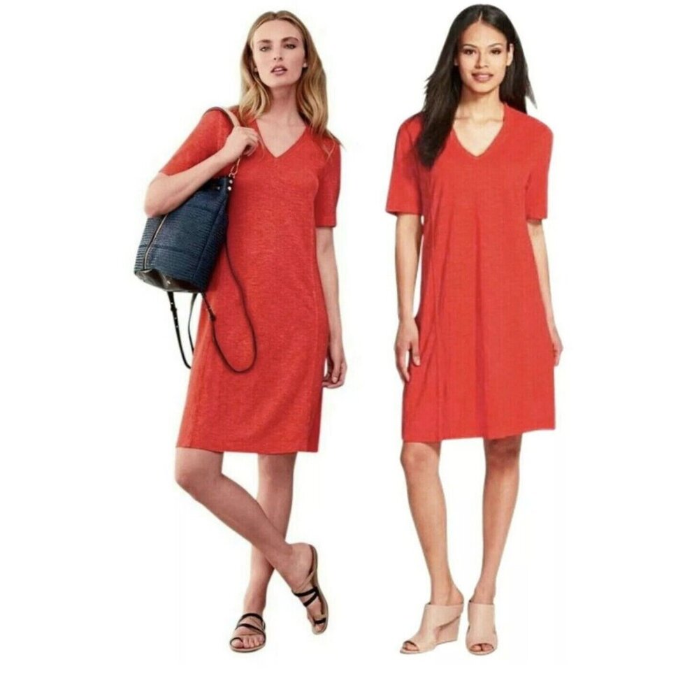 EILEEN FISHER Organic Cotton and Hemp V- neck Dress Orange Size M - Picture 7 of 7